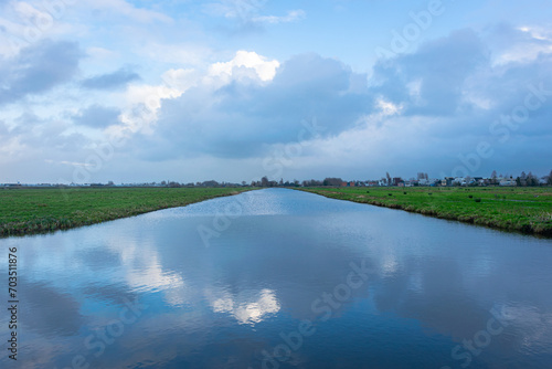 Serene image of clouds over a wide ditch in the Dutch polder landscape