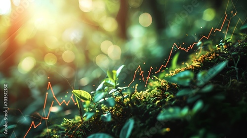 A graphical representation of a rising stock market trend line superimposed on a serene natural backdrop, symbolizing economic growth in harmony with the environment.