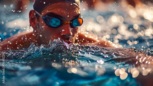 Portrait of a swimmer in goggles and cap swimming in the pool. 