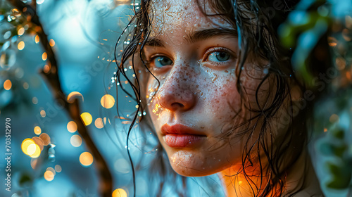 Close-up portrait of a beautiful young woman with wet hair and freckles on her face. 