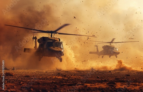 Military Helicopters Landing in a Dust Storm