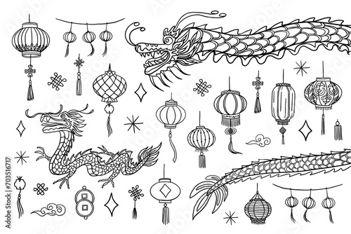 Celebrating Chinese New Year. Chinese lanterns and dragon. Chinese culture and traditions. Festivals and holidays. Chinese calendar animal. Great for greeting card, banner, poster. Hand drawn. Doodles