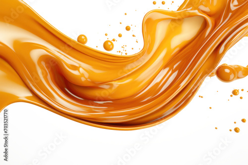 Splash of melted caramel sauce isolated on transparent background. Brown toffee wave splashing with droplets. Tasty confectionary