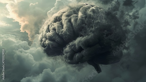 An abstract representation of brain fog, depicting a human head silhouette with a clouded or obscured brain, symbolizing difficulty in thinking, concentration, and mental clarity.