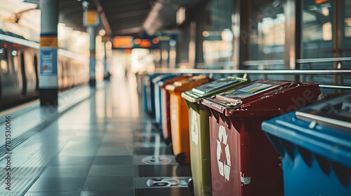 Bustling public transportation hub during peak hours with clearly marked recyclable waste stations and eco-friendly practices in place.