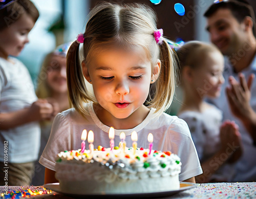 Dziewczynka usiłująca zdmuchnąć świeczki na torcie urodzinowym. W tle rodzina. Przyjęcie urodzinowe 
