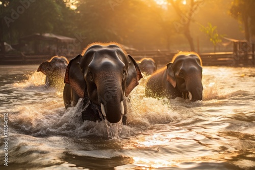 Elephants bathing in the river at Chitwan National Park, Nepal, Elephants bathe in the river in Chiang Mai, Thailand, capturing a serene moment, AI Generated