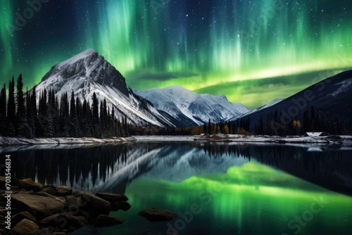 Aurora borealis over lake in Jasper national park, Alberta, Canada, AI Generated