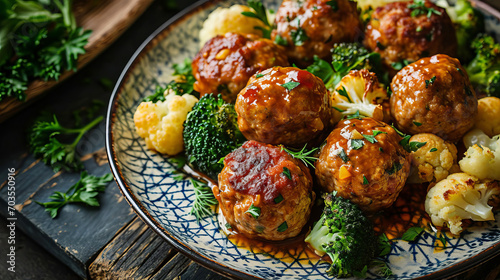 Meatballs with broccoli and cauliflower in a plate.