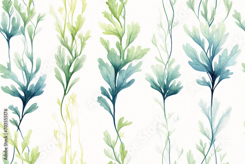 Seamless watercolor pattern with teal and green sea weeds on white background. Design for textile, wallpaper, wrapping paper, stationery. Poster for ocean-themed interior.
