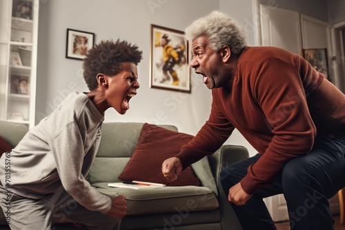 Family conflicts concept. Angry father scolds teen son. Adult man yells at boy. Rough parenting.