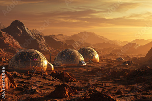 Colony of human settlers living in futuristic, domed habitats on the surface of Mars