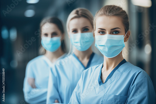 grupo de mujeres enfermeras portando mascarilla quirúrgica, sobre fondo desenfocado de pasillo de hospital