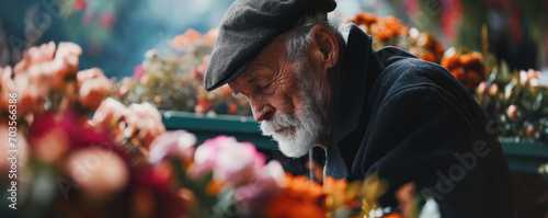 Old man with flowers standing near coffin at funeral 