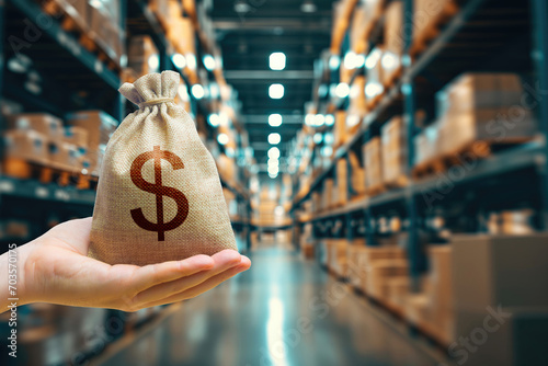 Trade in goods and production. Profit from trading. Import and export. Warehousing logistics. Delivering. Money bag on background of modern distribution warehouse or shipping warehouse. Blurred