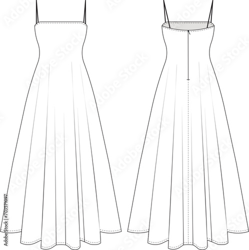 shoulder spaghetti straps midi maxi long flared a line dress template technical drawing flat sketch cad mockup fashion woman design style model