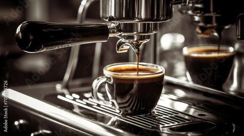 A cup is filled with hot coffee as it flows from the espresso machine.
