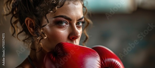 Attractive lady wearing red boxing gloves