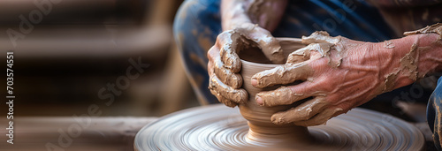 close up view of male potter hands making pot with clay wheel