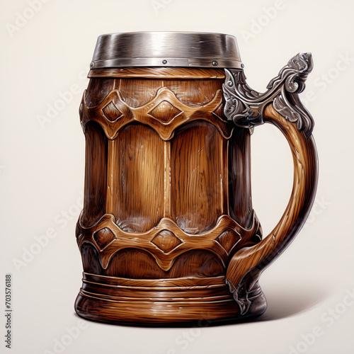 Painting of a wooden tankard for drinking on white background.