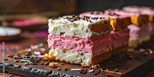 Ice Cream Sandwich Extravaganza, A Visual Feast of Frozen Bliss, Culinary Harmony in Every Melty Bite - Trendy Ice Cream Parlor Ambiance - Vibrant Colors & Close-up Sandwich Composition