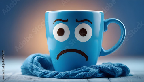 Blue cup a sad face with scarfcoffee on blue background. Blue monday concept The most depressing day of year The day commit suicide, depression motivation,3rd monday January created with generative ai