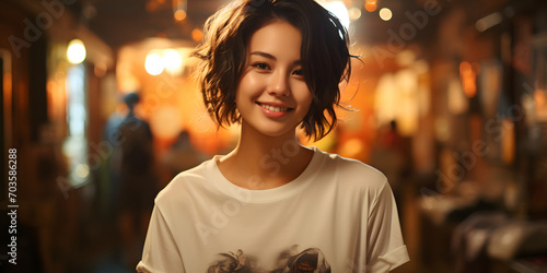 Portrait of Cute and Young Short Hair Asian Woman with Blurred Cafe Background