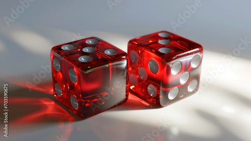 Two red dice sitting next to each other on a table. Can be used for games, gambling, or probability concepts