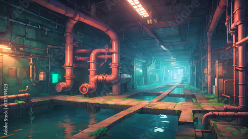 Underground sewer system illustration with giant pipes system and structure