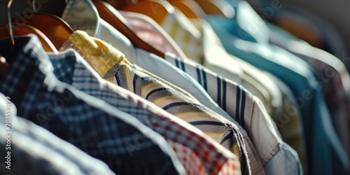 A row of shirts hanging on a rack. Suitable for fashion, retail, and clothing store themes