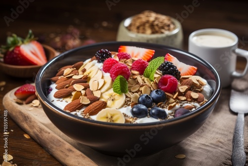 Creating a balanced diet with a bowl of muesli, packed with oats, fruits, nuts, seeds and served with yogurt