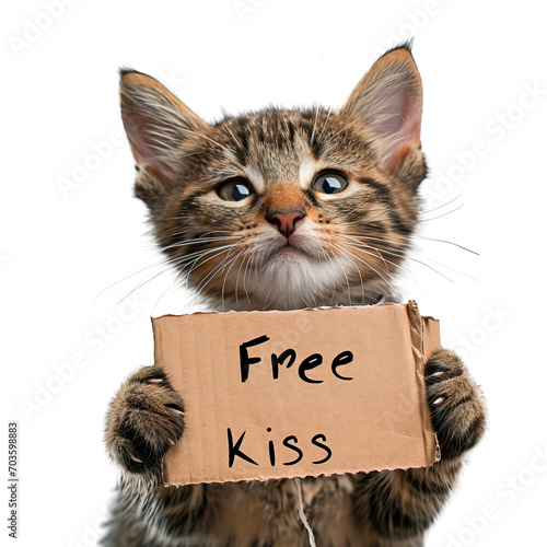 Adorable kitten portrait holding sign that says free kiss. Isolated over white transparent background