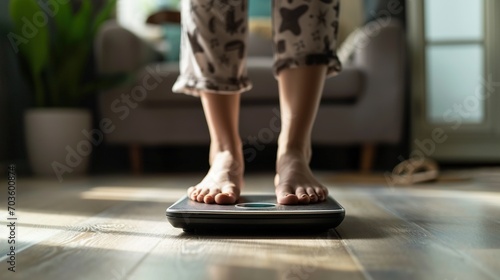 Crop faceless barefoot female in cozy pajama standing on digital weight and body fat scales with display showing healthy weight of 60 kg on bathroom floor in morning