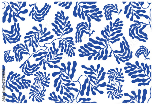 Seamless abstract blue leaves pattern. Print made inspired by the Matisse style. Contemporary art. Flat vector illustration isolated on transparent background.