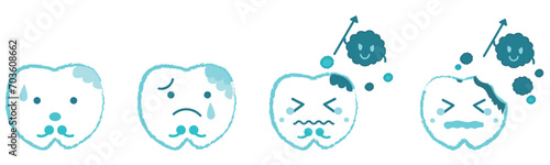 虫歯に関する 歯のキャラクター表情セット 青色
