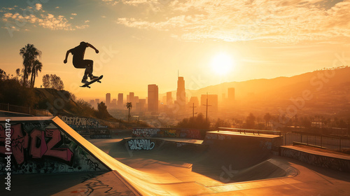 A skateboarder executing an impressive aerial trick at a graffiti-adorned skatepark with a stunning urban skyline in the background