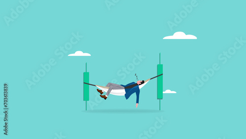 Passive income concept, earning with no effort by make profit or dividend from investment and achieve financial freedom concept, businessman sleeping in hammock with investment growth graph bar