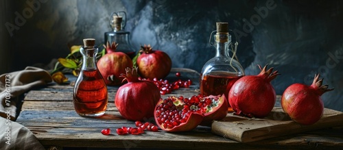 Pomegranates and essence bottles on rustic table.