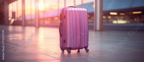 A pink suitcase sitting on the ground in front of a building. Generative AI.