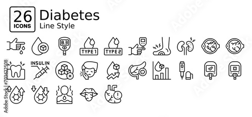 Diabetes icons in outline style. Collection of Diabetes, Medical, Health, Icon set in Line Style. Simple vector editable stroke, easy to use