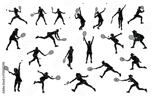 Set Tennis player women silhouette sports person design element. The athlete playing tennis with racket and ball. Drawing art illustration of female tennis player. Tennis player vector.