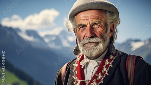 Old swiss man in the alps wearing traditional swiss cultural clothing.