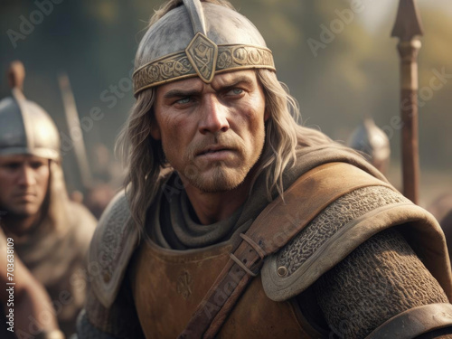 Anglo-Saxon Warrior - a realistic virtual portrait of an ancient warrior in battle with warm and golden hues Gen AI