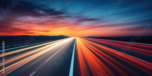 Streaks of vehicle lights speeding along a dusk-lit highway