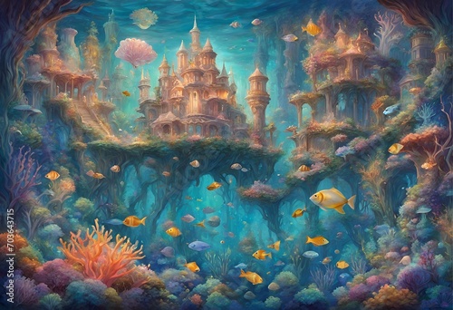 Fantasy underwater castle with colorful fish and coral reefs in a dreamy ocean landscape.