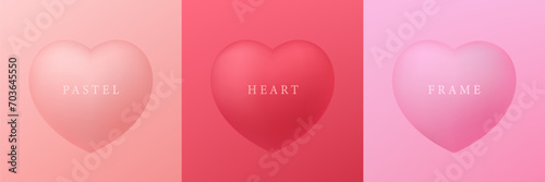 Set of pastel pink, and red 3D heart shape frame design. Elements for valentine day festival design. Collection of heart backdrop for cosmetic product display. Top view. Vector illustration.