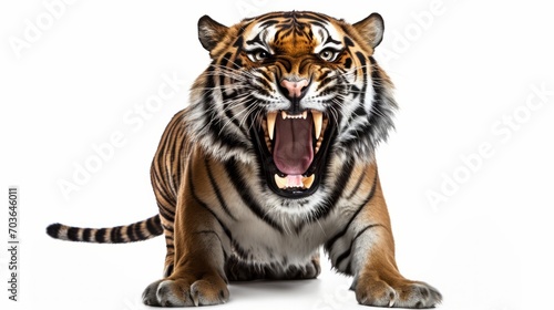 Aggressive, baring fangs, tiger isolated on a white background isolated on white background,. Created using Generative AI Technology