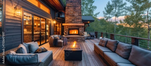 Spacious outdoor deck with gas fireplace.