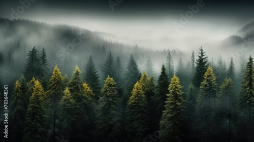 Sight of mist-laden woods with towering trees, panoramic aerial scene of foggy woodland with pine trees in the mountains in deep green shades