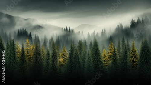 Glimpse of dense foggy woodland with towering trees, aerial perspective of foggy forest with pine trees in the mountains in deep green shades